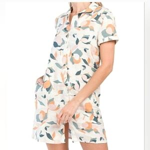 Rachel Zoe Women's Mini Dress 100% Linen‎ with Orange and Blue Leaf Pattern